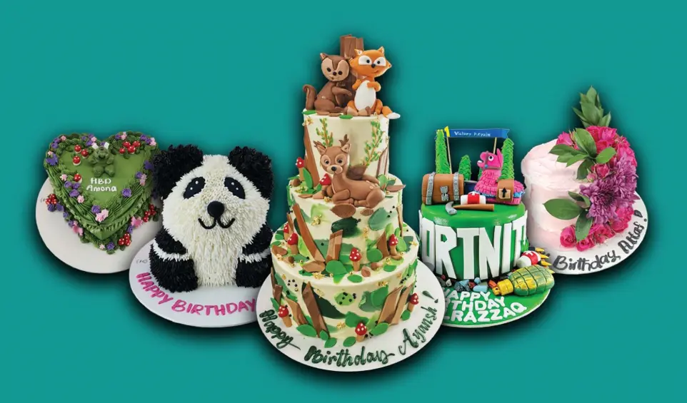 Retro Cake, Panda cake, animal cake, fortnite cake, flower cake